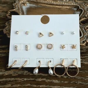 Rose Gold Tone Stud Earring Set Pearl Rhinestone Geometric Ear Stack